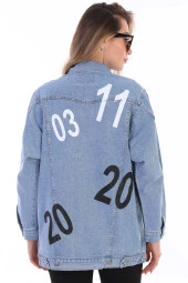Kadın Mavi Sayı Baskılı Yırtık Detaylı Jean Boyfriend Oversize Uzun Kot Ceket - 1