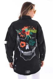 Kadın Kurukafa Özel El Boyama Baskılı Oversize Jean Yırtık Detaylı Uzun Kot Ceket - 1