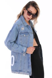 Kadın Mavi Sayı Baskılı Yırtık Detaylı Jean Boyfriend Oversize Uzun Kot Ceket - 2