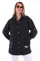 Kadın Kurukafa Özel El Boyama Baskılı Oversize Jean Yırtık Detaylı Uzun Kot Ceket - 5