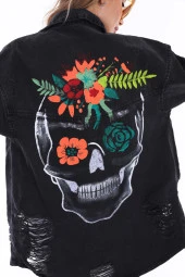 Kadın Kurukafa Özel El Boyama Baskılı Oversize Jean Yırtık Detaylı Uzun Kot Ceket - 6