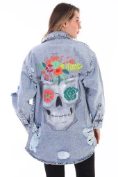 Kadın Kurukafa Özel El Boyama Baskılı Oversize Jean Yırtık Detaylı Uzun Kot Ceket - 7