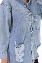 Kadın Kurukafa Özel El Boyama Baskılı Oversize Jean Yırtık Detaylı Uzun Kot Ceket - 10