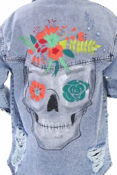 Kadın Kurukafa Özel El Boyama Baskılı Oversize Jean Yırtık Detaylı Uzun Kot Ceket - 12