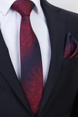 Esgue Hand Made 7.5 cm Kırmızı Lacivert Desenli Mendilli Kravat thumbnail 1