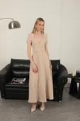 Double Atlas Kumaş Kemerli Elbise-Bej thumbnail 2