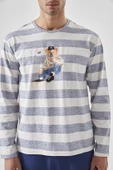 Erkek Pamuklu Uzun Kollu Üst Ayıcık Baskılı Pijama Takımı thumbnail 4