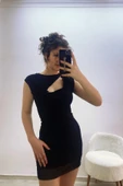 Ön Dekolteli Astarlı Tül Mini Elbise Siyah - 2