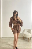 Büzgülü Crop Ve Şort İkili Yazlık Takım Camel - 3
