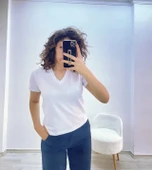 V Yaka Dokuma Beyaz Tişört - 3