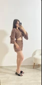 Büzgülü Crop Ve Şort İkili Yazlık Takım Camel - 1