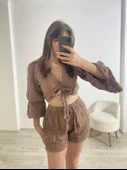 Büzgülü Crop Ve Şort İkili Yazlık Takım Camel - 4