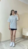 Lacivert Çizgili Oversize Tişört - 2