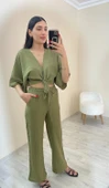 Haki Müslin İkili Takım – Bağlamalı Crop Üst & Yüksek Bel Pantolon Haki - 4