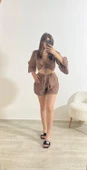 Büzgülü Crop Ve Şort İkili Yazlık Takım Camel - 2
