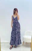 Askılı Belmando Desenli İp Askılı Elbise Lacivert - 3