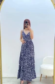 Askılı Belmando Desenli İp Askılı Elbise Lacivert - 5