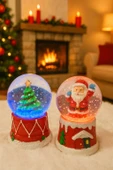 2 Adet Led Işıklı Mini Kar Küresi 6,5 cm – Noel Baba & Yılbaşı Çam Ağacı Dekoratif Işıklı Biblo - 1