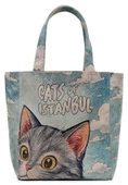 Kadın Vegan Mavi Large Tote Bag - Galata Cat Tasarım - 2