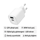 Dijital Göstergeli 30W USB-C + USB-A GaN Hızlı Şarj Adaptörü Seyahat Dostu, Ultra Güvenli - 2