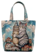 Kadın Vegan Mavi Large Tote Bag - Galata Cat Tasarım - 1