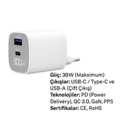 Dijital Göstergeli 30W USB-C + USB-A GaN Hızlı Şarj Adaptörü Seyahat Dostu, Ultra Güvenli - 3