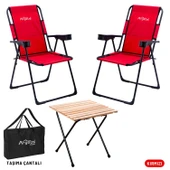 2 Adet Katlanır Kamp Sandalyesi ve Masa Seti - Rest - Taşıma Çantalı - Kırmızı - 130 KG Taşıma - 1