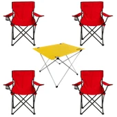 4 Adet Katlanır Kamp Sandalyesi ve Masa Seti - (DY.001) - Kırmızı/Sarı - Plaj Sandalyesi - 2