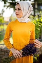 Kemerli Kalem Tesettür Elbise - Hardal - 2
