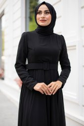 Kemerli Şifon Tesettür Abiye Elbise - Siyah - 3