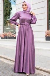 Kemerli Tesettür Abiye Elbise - Lila - 1