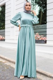 Kemerli Tesettür Abiye Elbise - Mint - 1