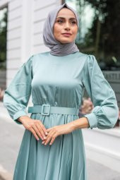 Kemerli Tesettür Abiye Elbise - Mint - 2
