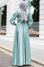 Kemerli Tesettür Abiye Elbise - Mint - 3
