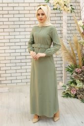Kemerli Tesettür Elbise - Çağla Yeşili - 1