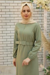 Kemerli Tesettür Elbise - Çağla Yeşili - 2