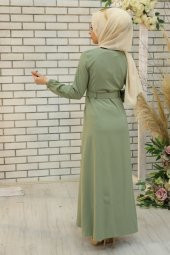 Kemerli Tesettür Elbise - Çağla Yeşili - 3