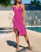 Kadın Askılı Derin V Yakalı çapraz Geçmeli Ponponlu Bürümcük Pareo - 3