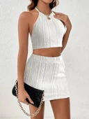 Kadın Sıfır Kol Crop Mini Etek Ikili Triko Takım - 3