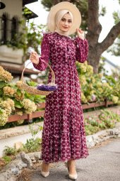 Kolları Piliseli Tesettür Elbise - Bordo - 1