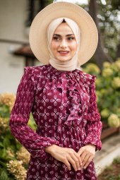 Kolları Piliseli Tesettür Elbise - Bordo - 2