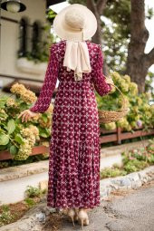 Kolları Piliseli Tesettür Elbise - Bordo - 3