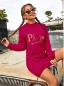 Kadın Uzun Kollu Bisiklet Yaka Yazılı Kısa Viskon Iki Iplik Elbise - 3