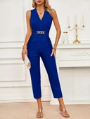 Kadın Sıfır Kollu Kruvaze Detaylı Ithal Krep Tulum - 1