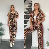 Kadın Dalgıç Kumaş Dijital Leopar Baskılı şerit Detaylı Takım - 2