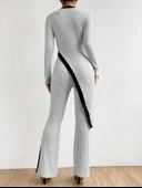 Kadın Uzun Kollu Bisiklet Yaka Asimetrik Kesim Bluz şardonlu Kaşkorse Bluz Ve Pantolon Ikili Takım thumbnail 6