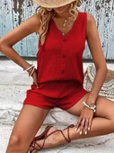 Kadın Askılı Kolsuz V Yakalı önden Düğmeli Bürümcük Bluz Ve Short Ikili Takım thumbnail 4