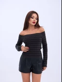 4206 TRİKO ÇİZGİLİ KAYIK YAKA CROP-ANTRASİT-SİYAH thumbnail 4