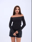 4206 TRİKO ÇİZGİLİ KAYIK YAKA CROP-ANTRASİT-SİYAH thumbnail 3