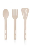 3lü Mini Plastik Spatula Kaşık Çatal Servis Seti Takımı Krem - 1